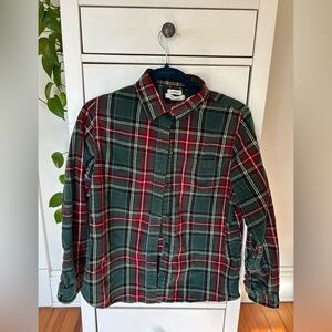 LL Bean women’s scotch plaid flannel shirt, small, green and red